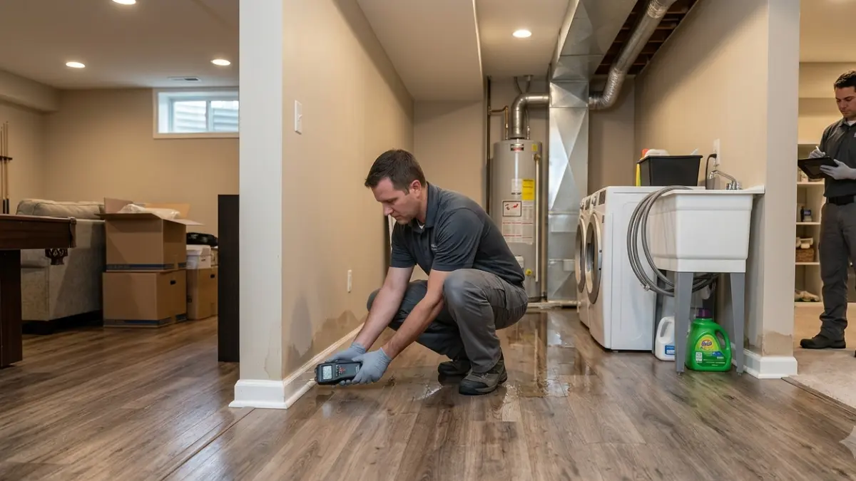 Water Damage Categories assessment showing a restoration technician measuring moisture in wet building materials