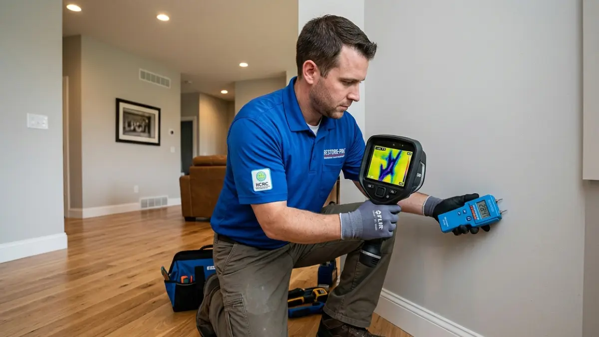 Water Damage Restoration technician using a thermal imaging camera and moisture meter to detect hidden moisture inside residential walls