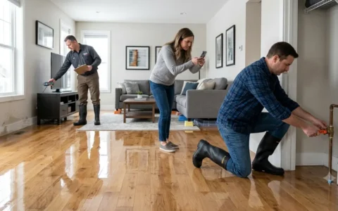Water Damage Restoration after a burst pipe in a modern home living room with a homeowner shutting off the water supply while a restoration technician inspects the damage