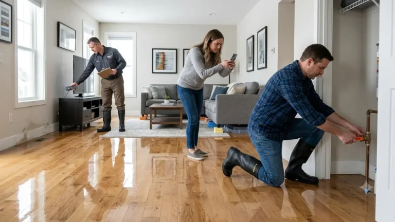 Water Damage Restoration after a burst pipe in a modern home living room with a homeowner shutting off the water supply while a restoration technician inspects the damage
