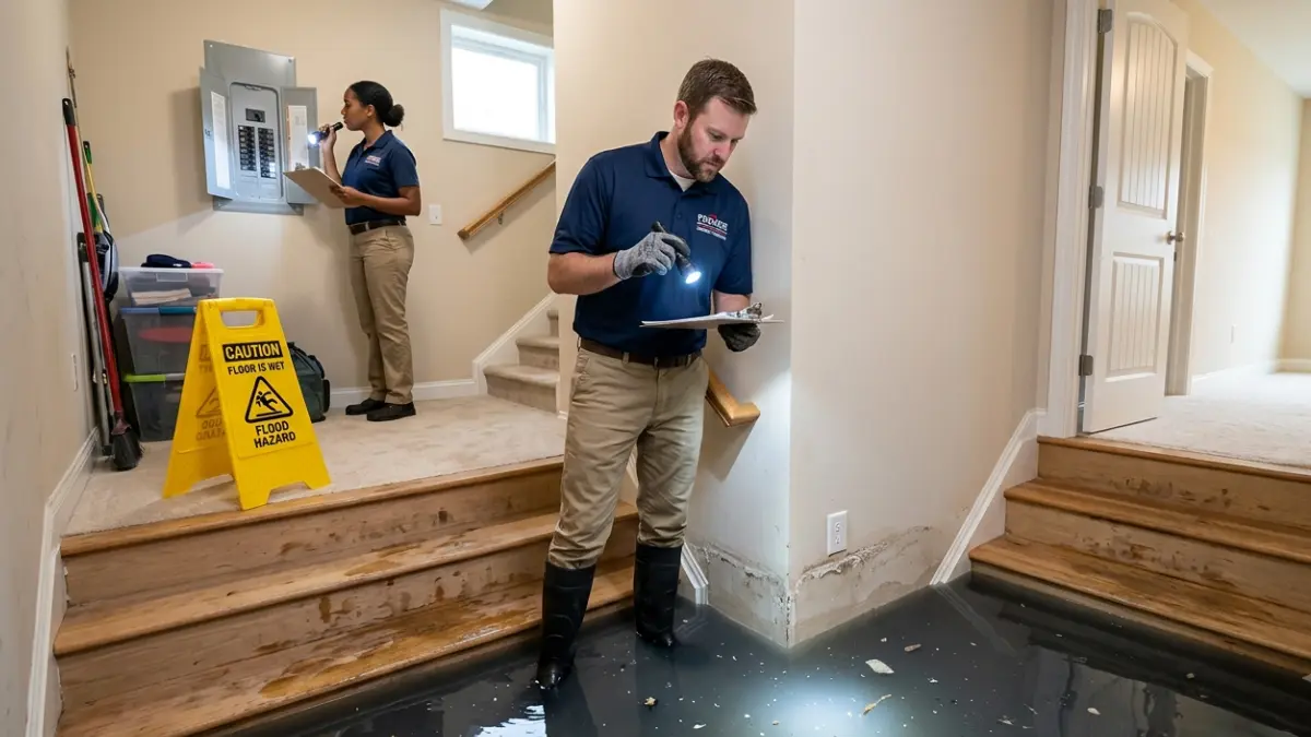 Water Damage Restoration safety inspection in a flooded basement with technicians checking electrical hazards before beginning cleanup