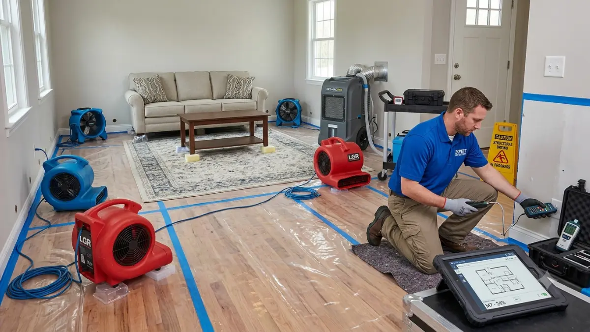 Water Damage Restoration structural drying setup with commercial air movers, dehumidifiers, and moisture monitoring equipment inside a home