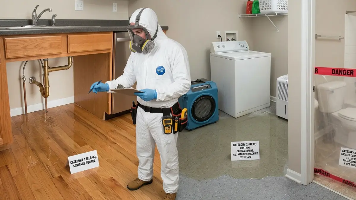 Water Damage Restoration professional assessing different categories of residential water damage during an on-site inspection
