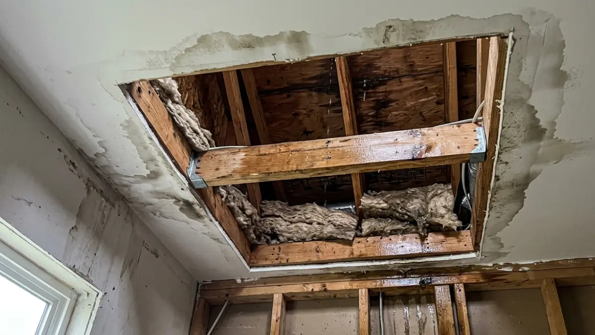 Category 3 water pathway from a storm-damaged roof through attic insulation and wall materials