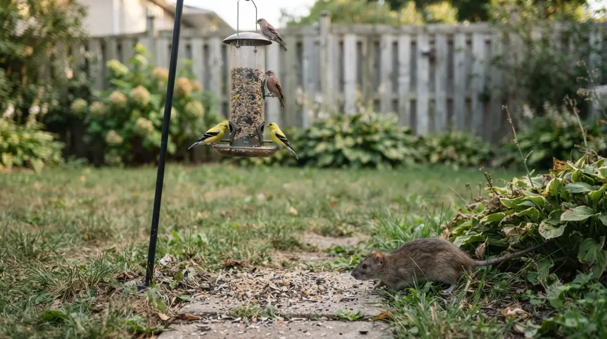 A Bird Feeder Attracting Rats Is a Common, Fixable Problem — rat approaching spilled bird seed beneath a backyard bird feeder