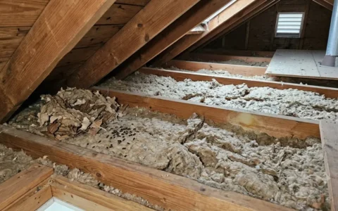 The Overlooked Rule on Attic Insulation Replacement After Rodents - residential attic with disturbed insulation, rodent droppings, and nesting material