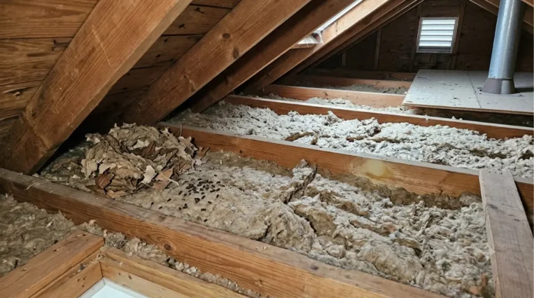 The Overlooked Rule on Attic Insulation Replacement After Rodents - residential attic with disturbed insulation, rodent droppings, and nesting material
