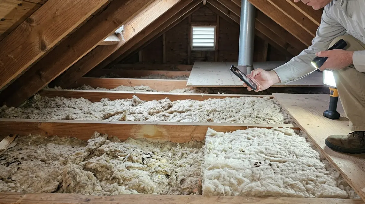 The Overlooked Rule on Attic Insulation Replacement After Rodents - homeowner mapping attic contamination zones with a flashlight and smartphone