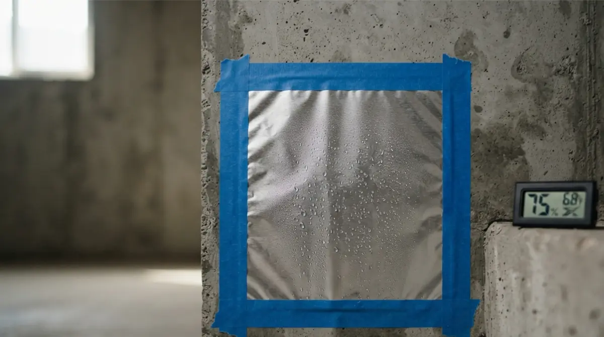 Basement wall with aluminum foil taped down for a condensation test