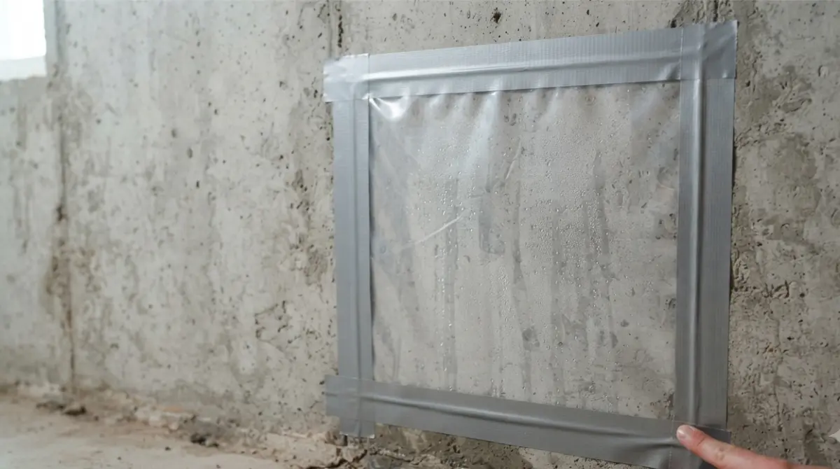 Basement plastic sheet taped to a concrete wall to test for moisture seepage.