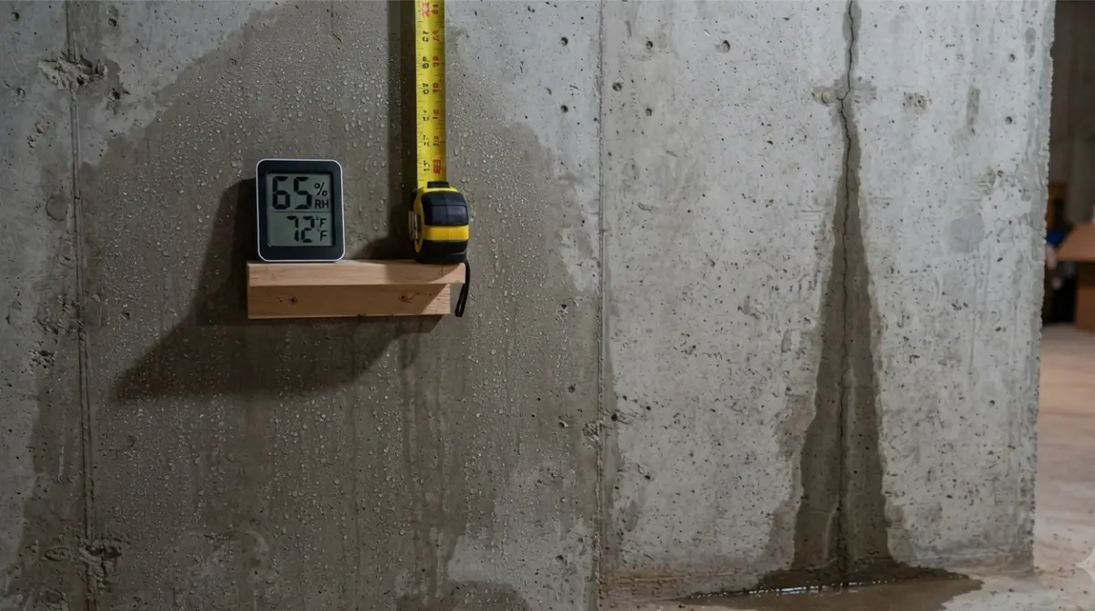 Side-by-side view of basement condensation versus a localized leak in a Basement Waterproofing diagnosis.