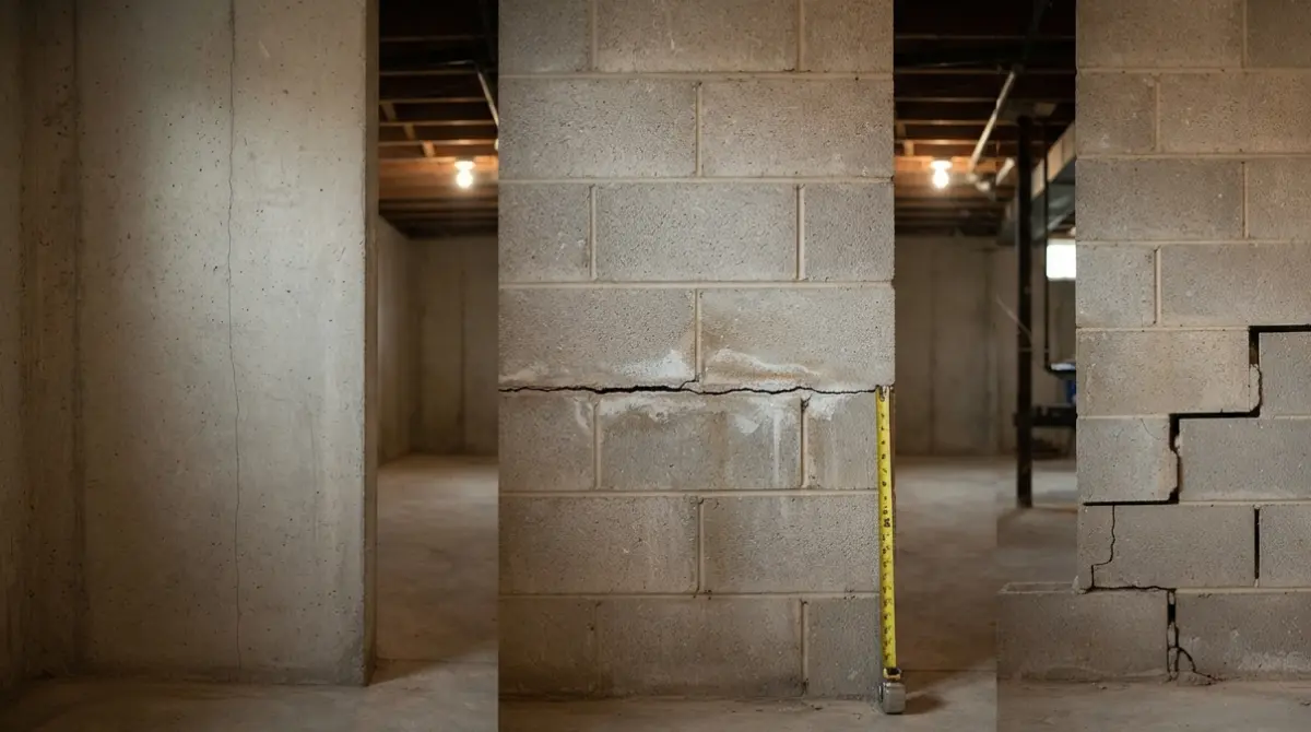 Vertical, horizontal, and stair-step cracks in a basement wall