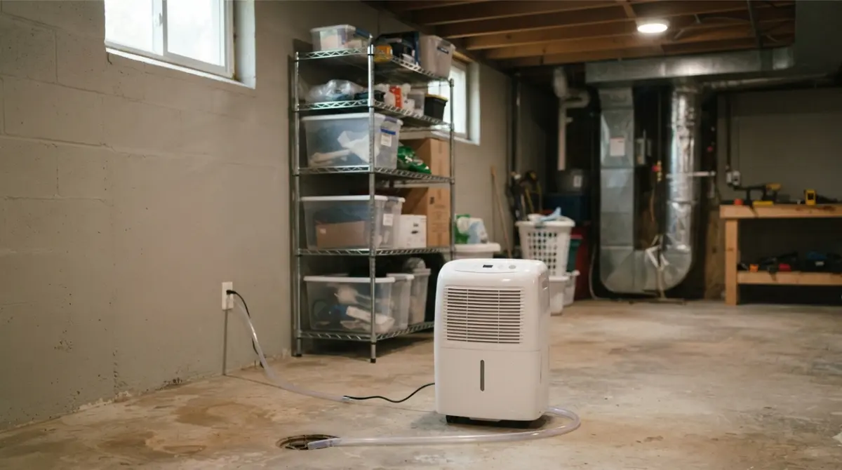 Dehumidifier operating in a clean residential basement with open airflow and a drain hose