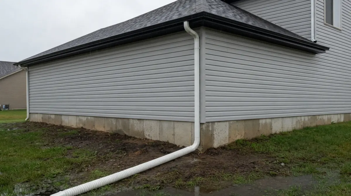 Basement foundation with a downspout extension directing rainwater away from the wall.