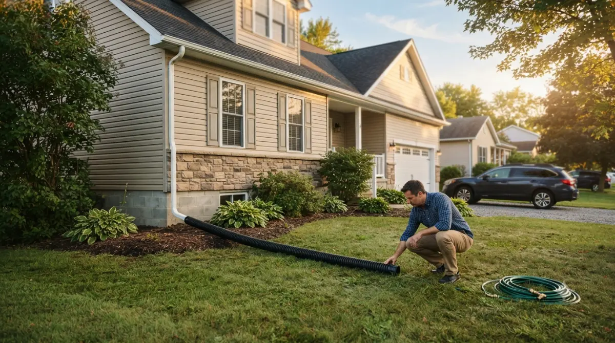 Suburban home exterior showing proper Basement Maintenance checklist tasks like gutters, downspouts, and foundation grading
