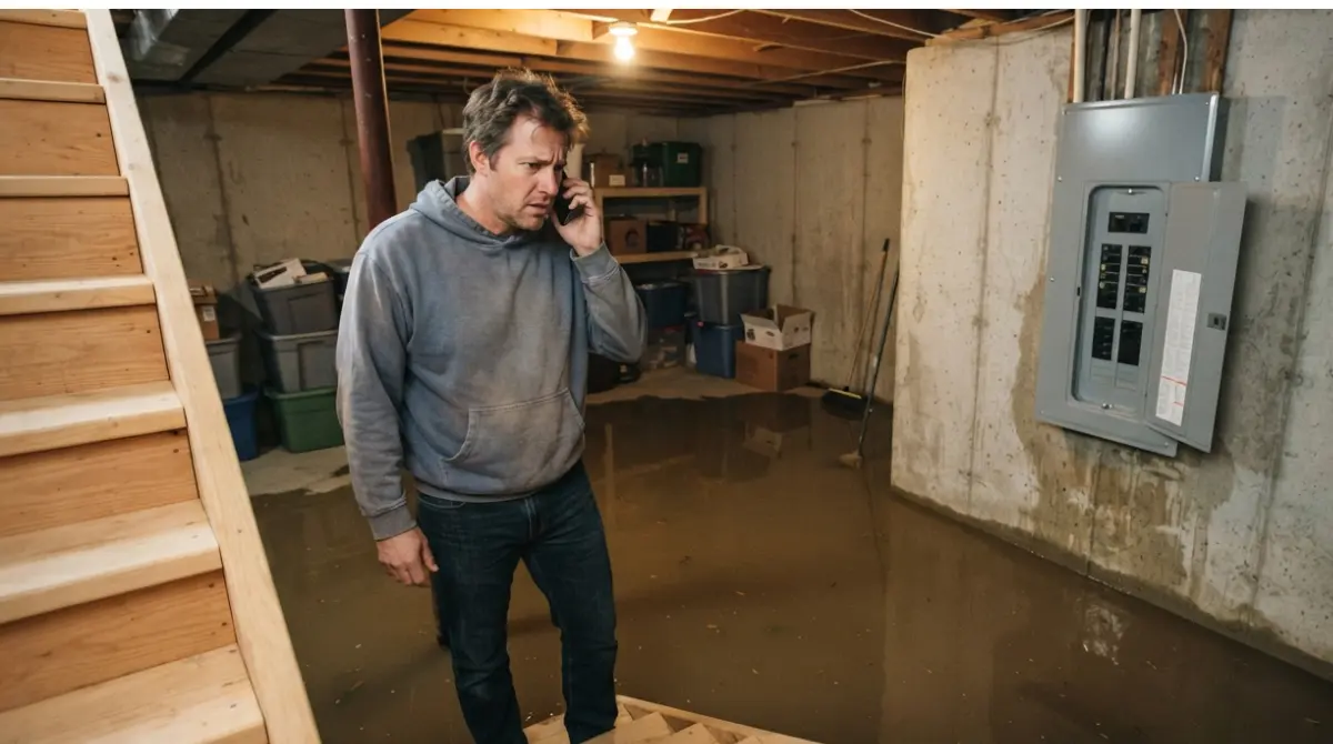 Homeowner viewing electrical panel from dry stairs while water basement flood makes it unsafe to wade to the breaker.