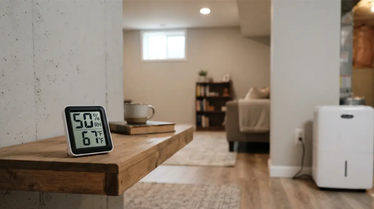 Basement Humidity reading of 50 percent on a digital hygrometer in a clean finished basement