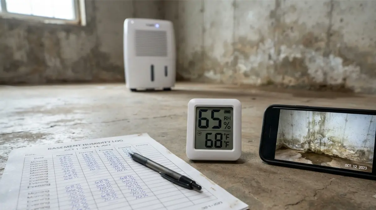 Damp basement documentation tools including hygrometer, humidity log sheet, and dated photos for landlord repair request