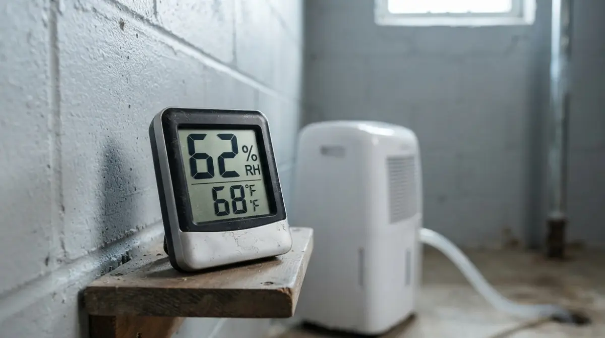 Basement Humidity reading above 60 percent on a digital hygrometer beside a dehumidifier