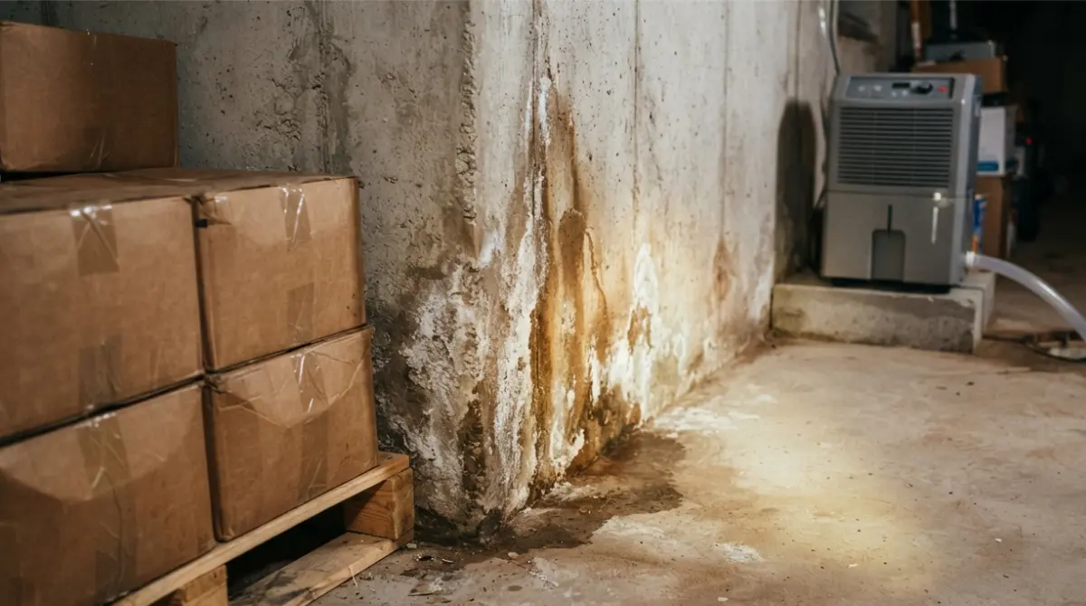 Close-up of wet basement wall showing water stains, efflorescence, and raised storage boxes