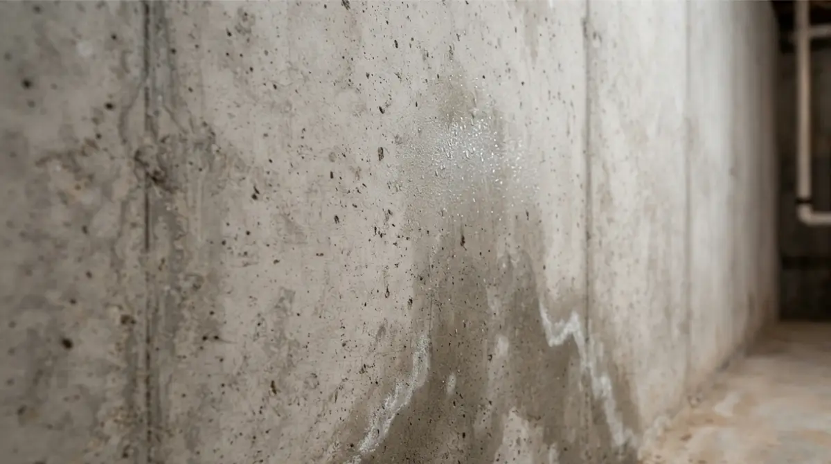 basement concrete wall showing surface condensation and signs of moisture moving through masonry