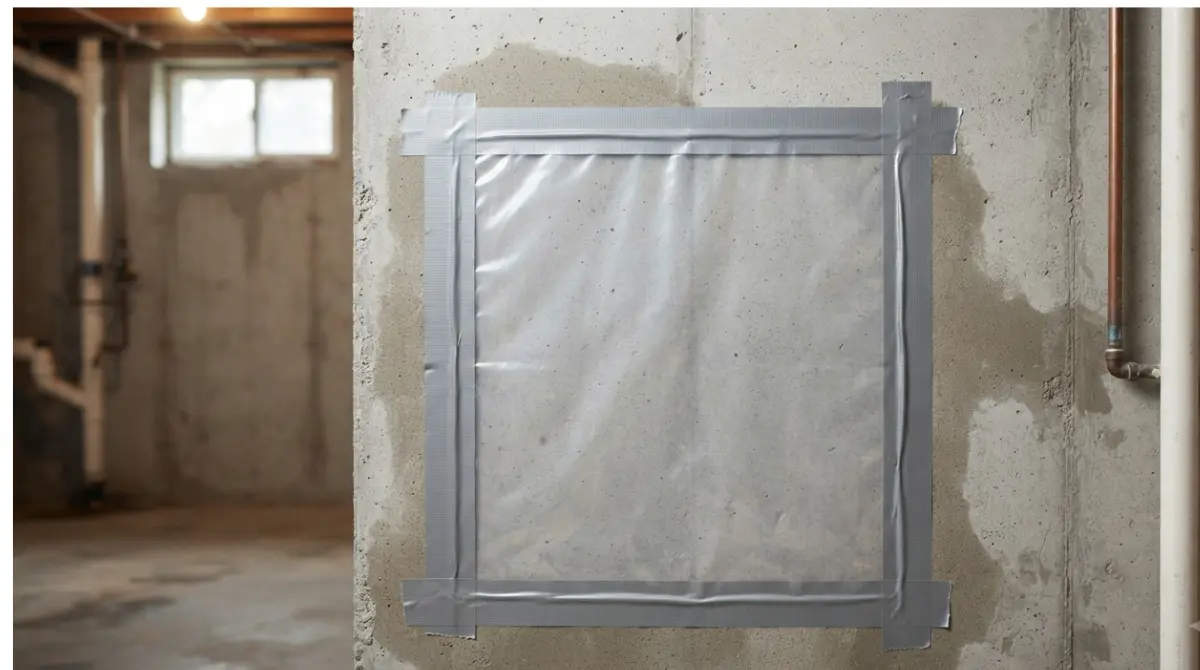 basement plastic sheet test sealed against a damp concrete foundation wall