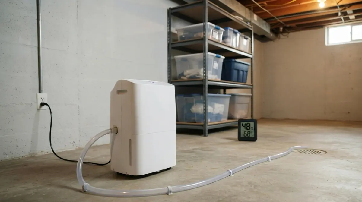 Basement dehumidifier with drain hose helping reduce humidity and musty Smell