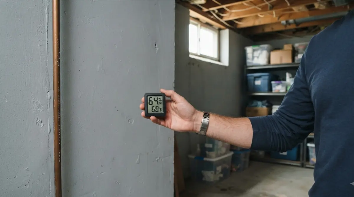 Homeowner checking a hygrometer for humidity linked to a basement Smell