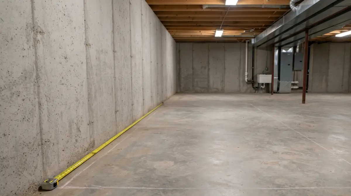 Unfinished basement with tape measure and marked floor area used to estimate Basement Waterproofing cost per square foot
