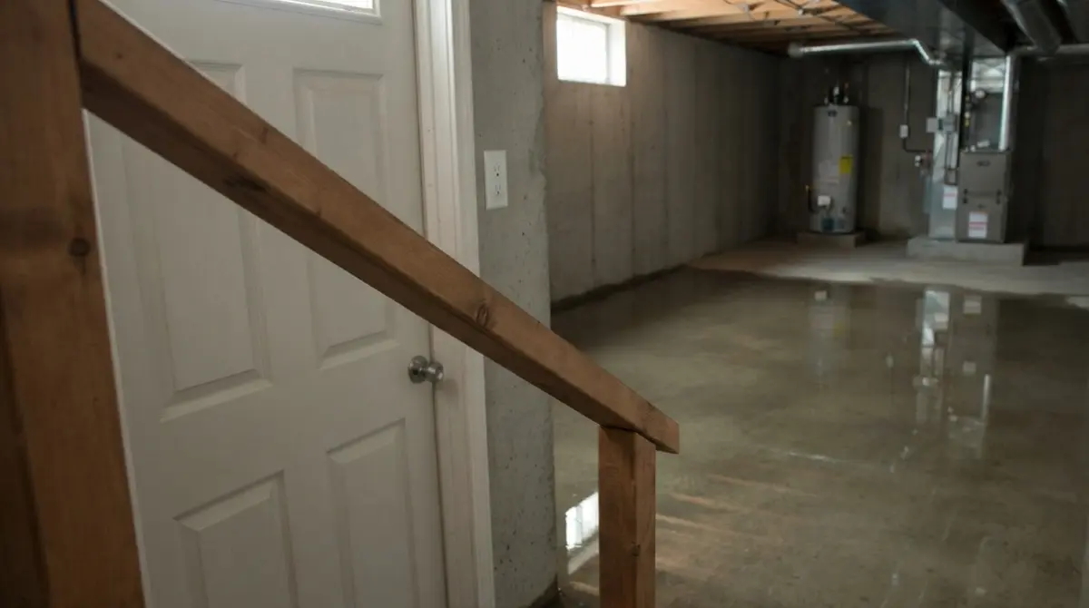 Basement standing water covering the floor near electrical equipment