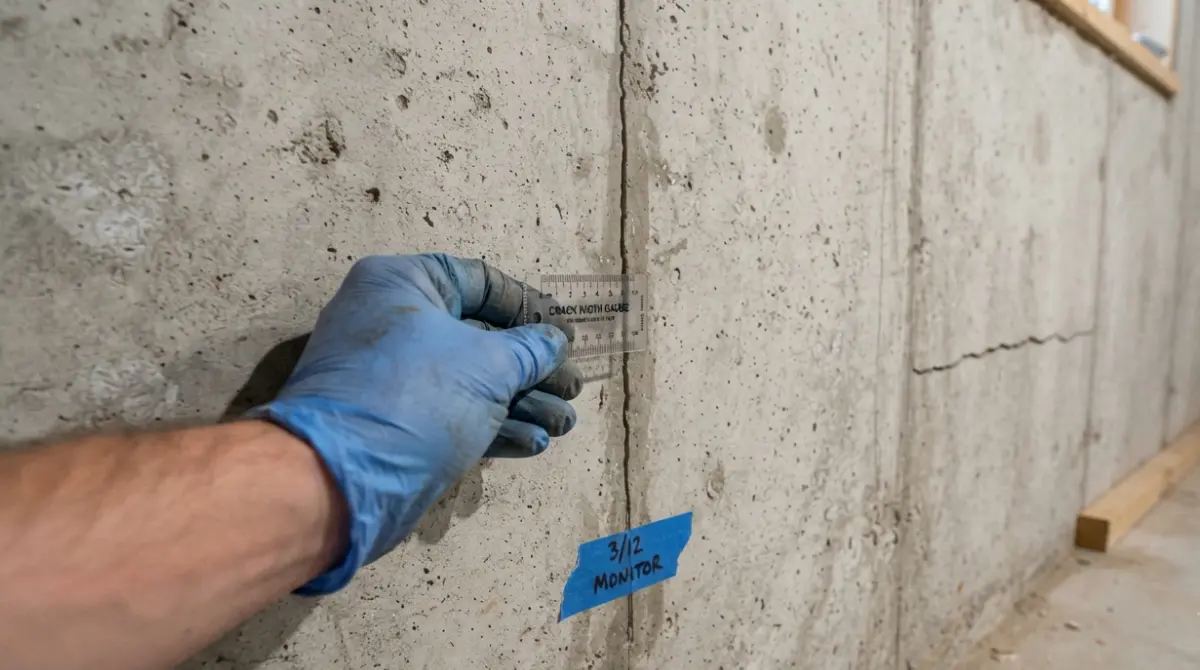 Homeowner inspecting a basement foundation Wall Crack with a crack-width gauge
