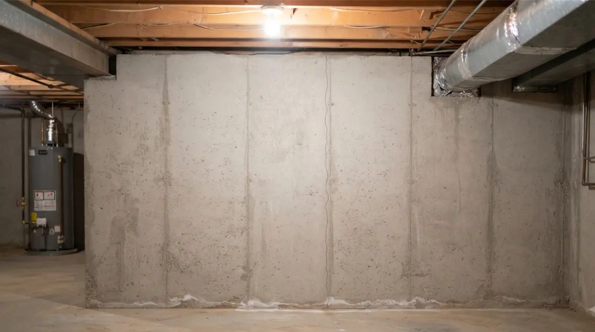 Thin vertical hairline crack in a poured concrete basement wall