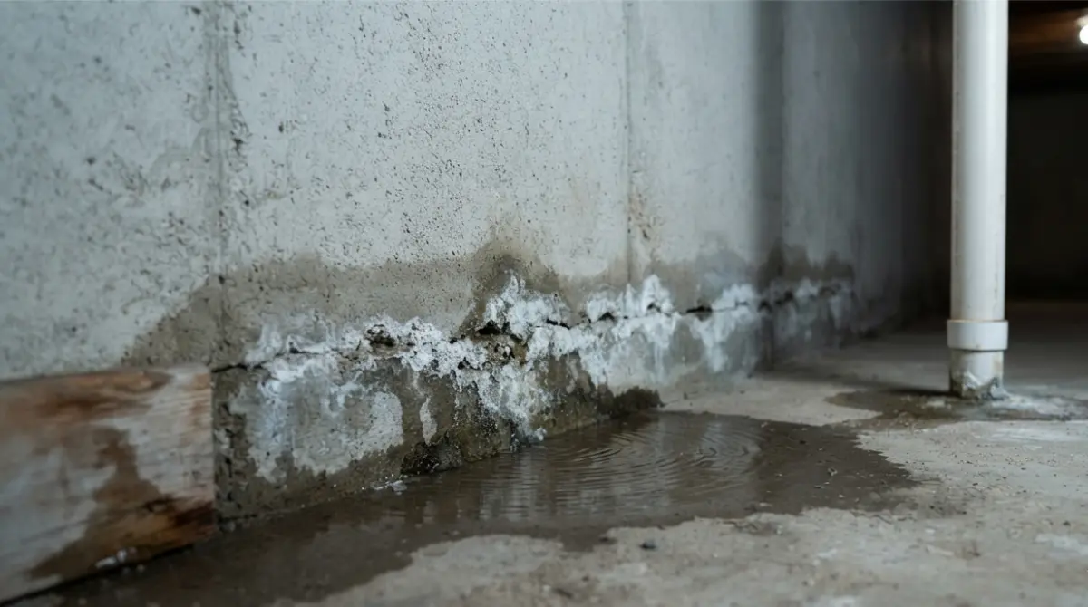 Damp basement wall with efflorescence and water staining at floor joint