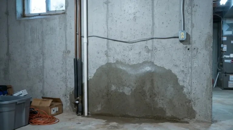 basement wall showing damp concrete and possible moisture from condensation or seepage