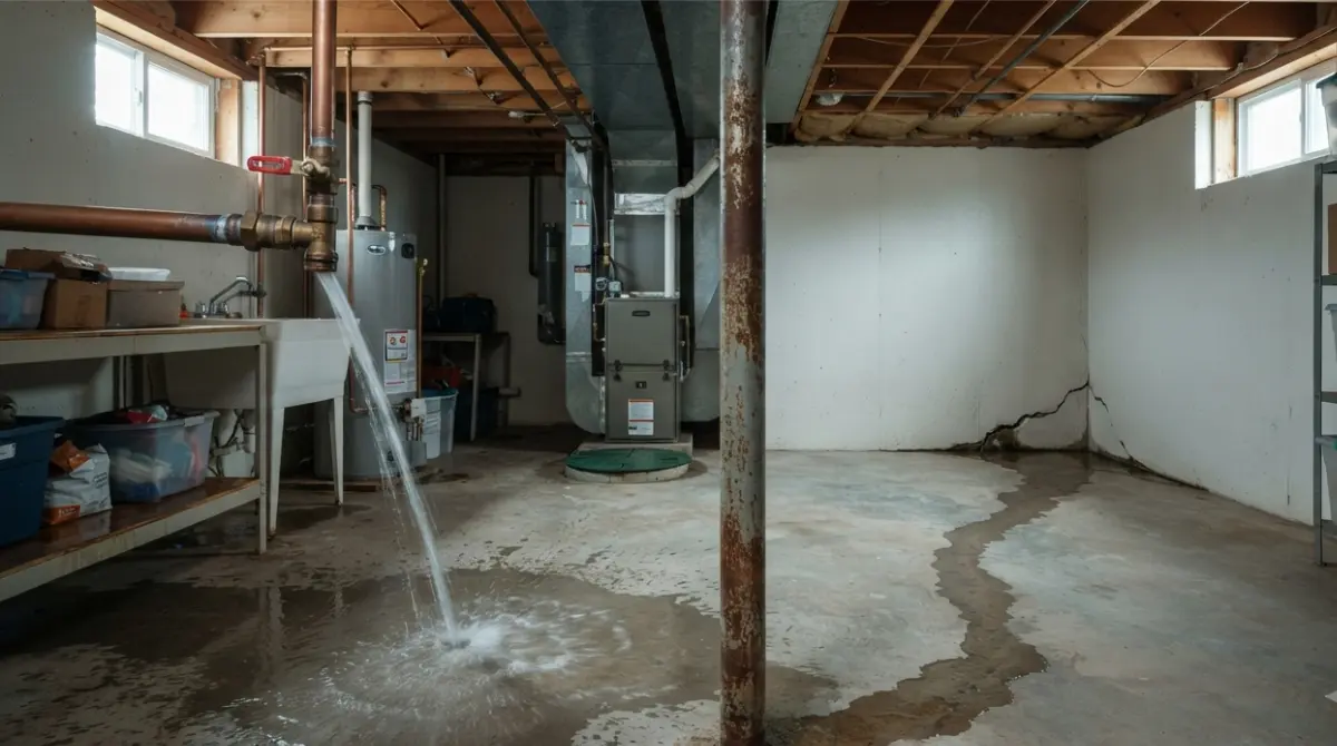 Basement Water from a burst pipe beside Basement Water seeping through a foundation wall