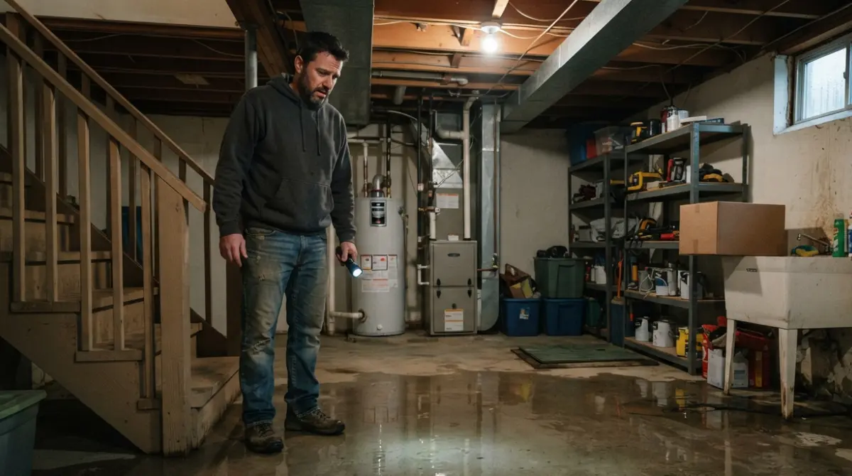 Basement Water: homeowner inspecting water on a basement floor after a storm