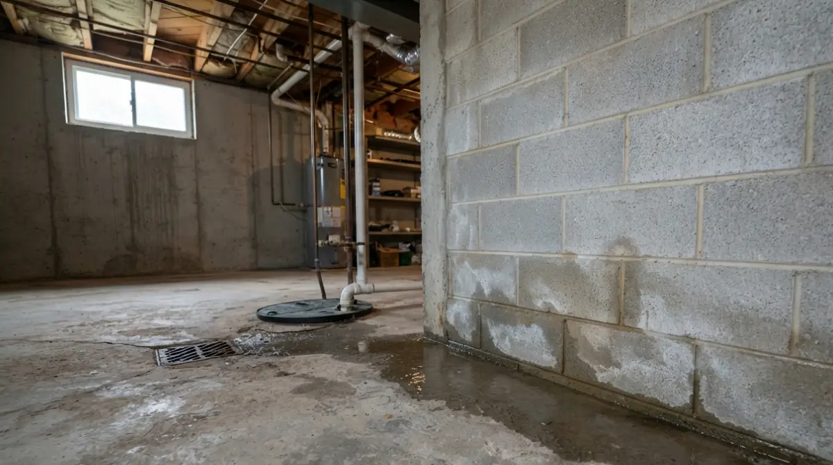 Basement with water pooling along the foundation wall after rainfall