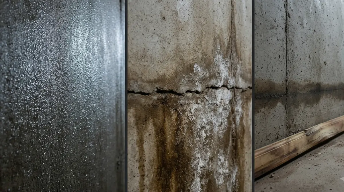 Three types of wet basement moisture patterns: condensation sweat, seepage stains, and flood tide lines