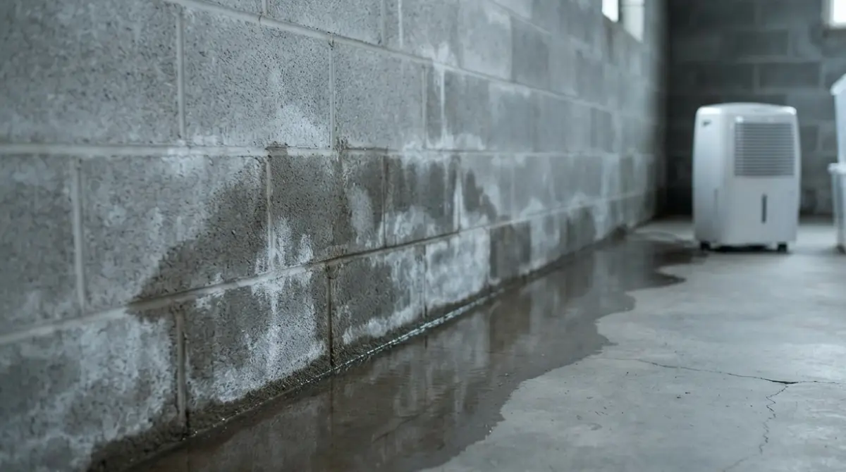 Interior vs Exterior diagnosis clue: water seeping at basement floor–wall joint after rain indicating hydrostatic pressure