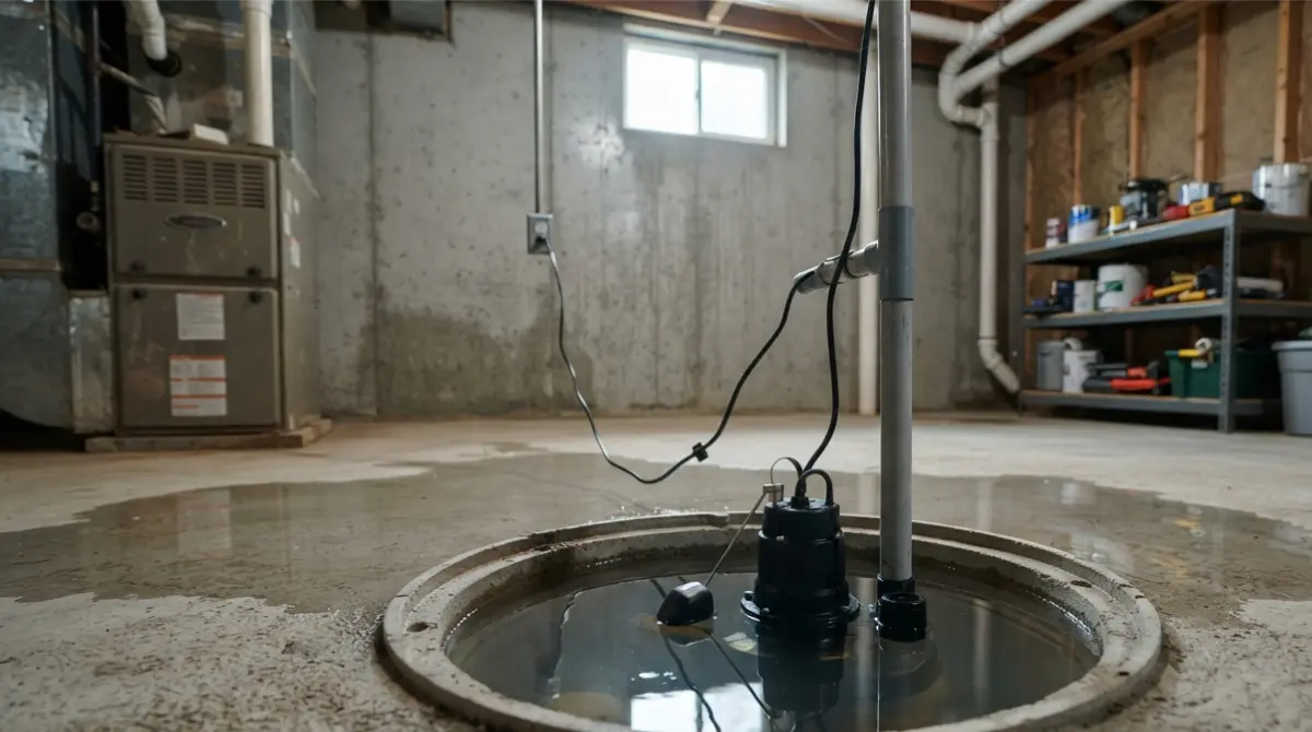 Basement Water rising around a failed sump pump in an unfinished basement