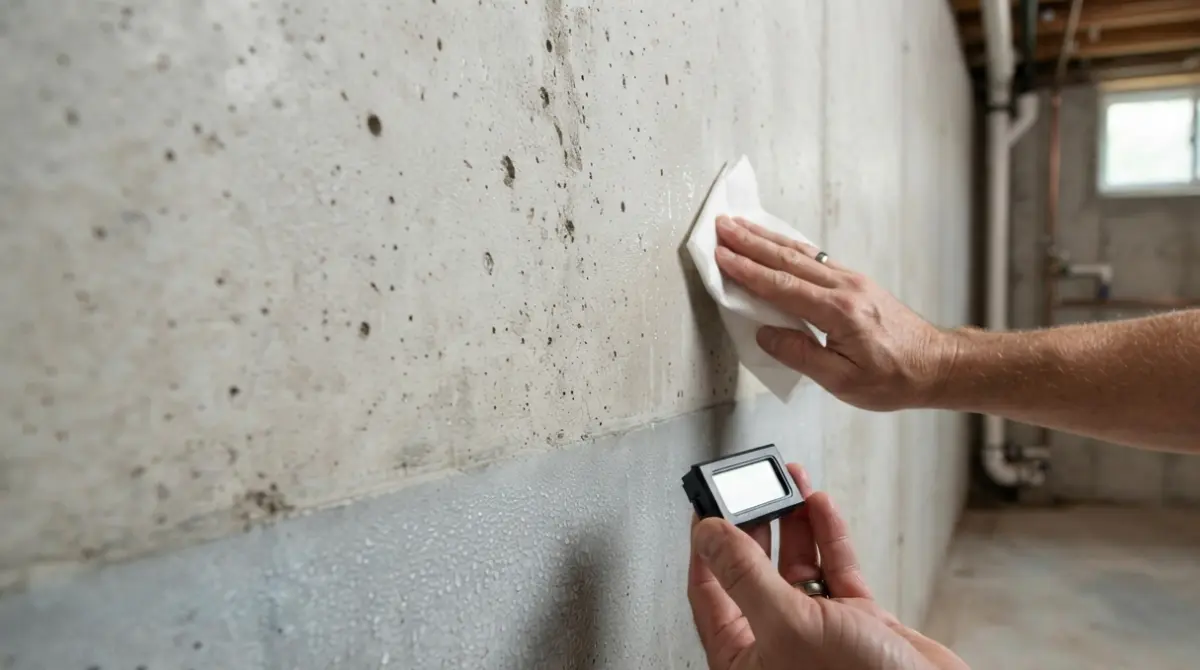 Basement Waterproofing inspection of condensation on a cool concrete basement wall