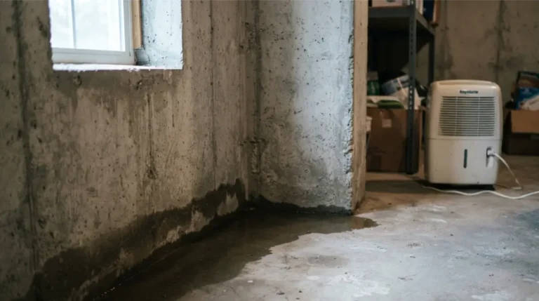 Basement wall with water stain and puddle showing a typical Basement Waterproofing cost scenario
