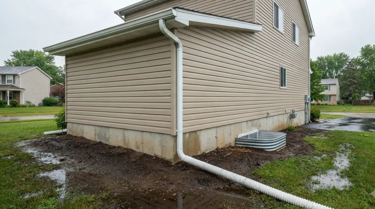 Basement Waterproofing with gutters downspout extension and soil grading away from foundation