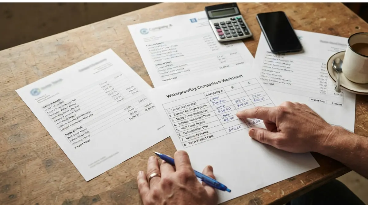 Homeowner filling out an 8-line worksheet to compare basement Waterproofing Quotes