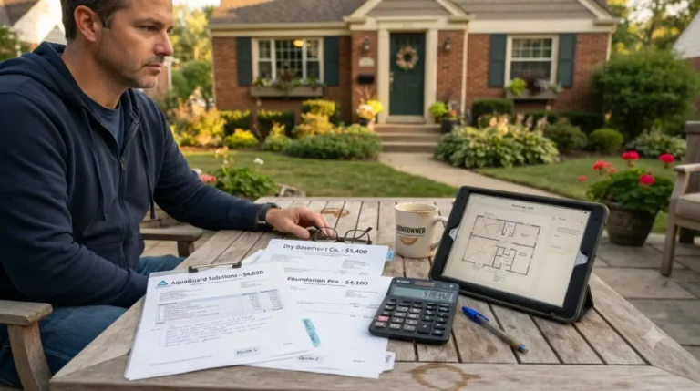 Homeowner comparing three Basement Waterproofing quotes on a patio table outside a suburban house.