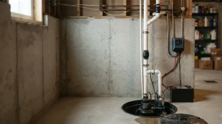 Battery Backup sump pump system beside a primary sump pump in a residential basement