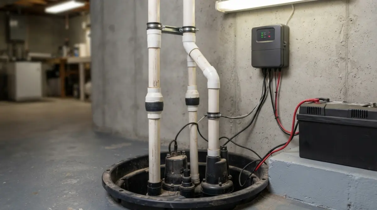 Battery Backup sump pump installation with battery case controller PVC piping and check valve