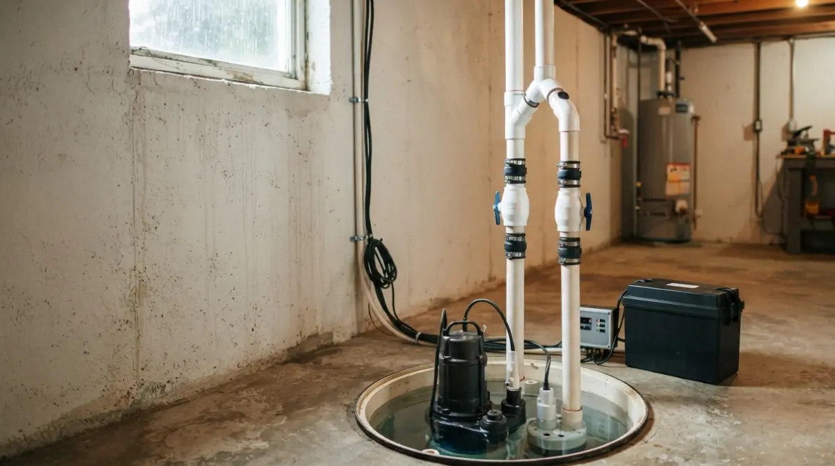 Sump Pump battery backup system with primary pump, battery box, control panel, and PVC piping
