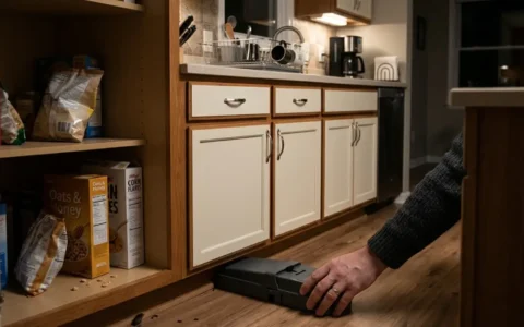 Homeowner placing a mouse trap along a kitchen wall near signs of mouse activity