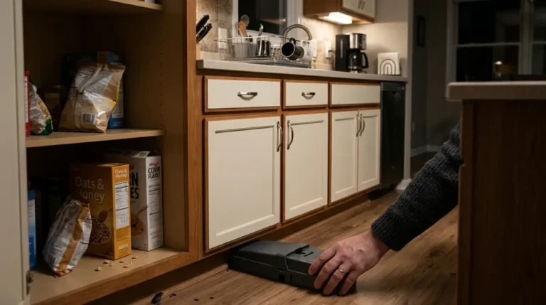 Homeowner placing a mouse trap along a kitchen wall near signs of mouse activity